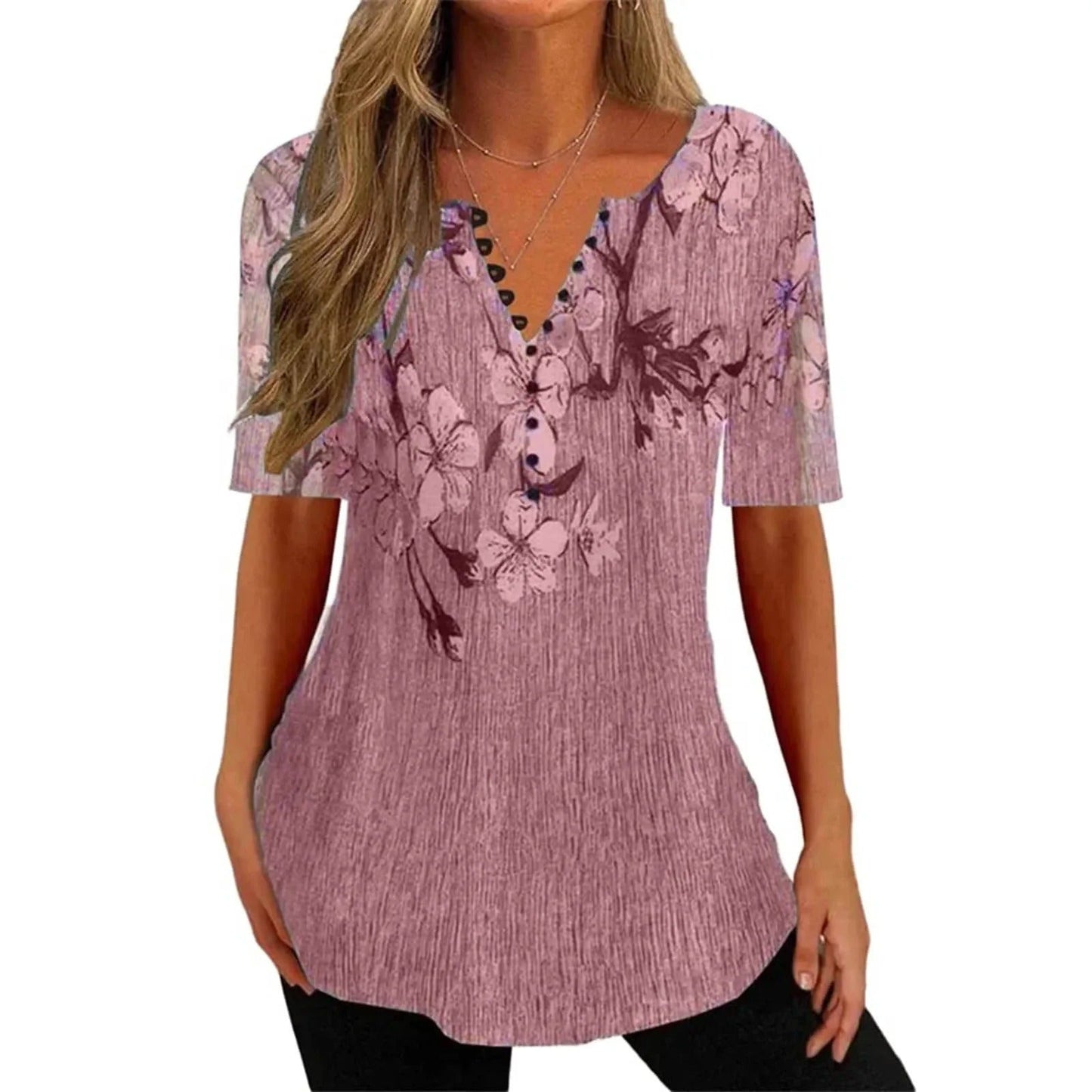 LP | Printed short-sleeved top with v-neck and button placket