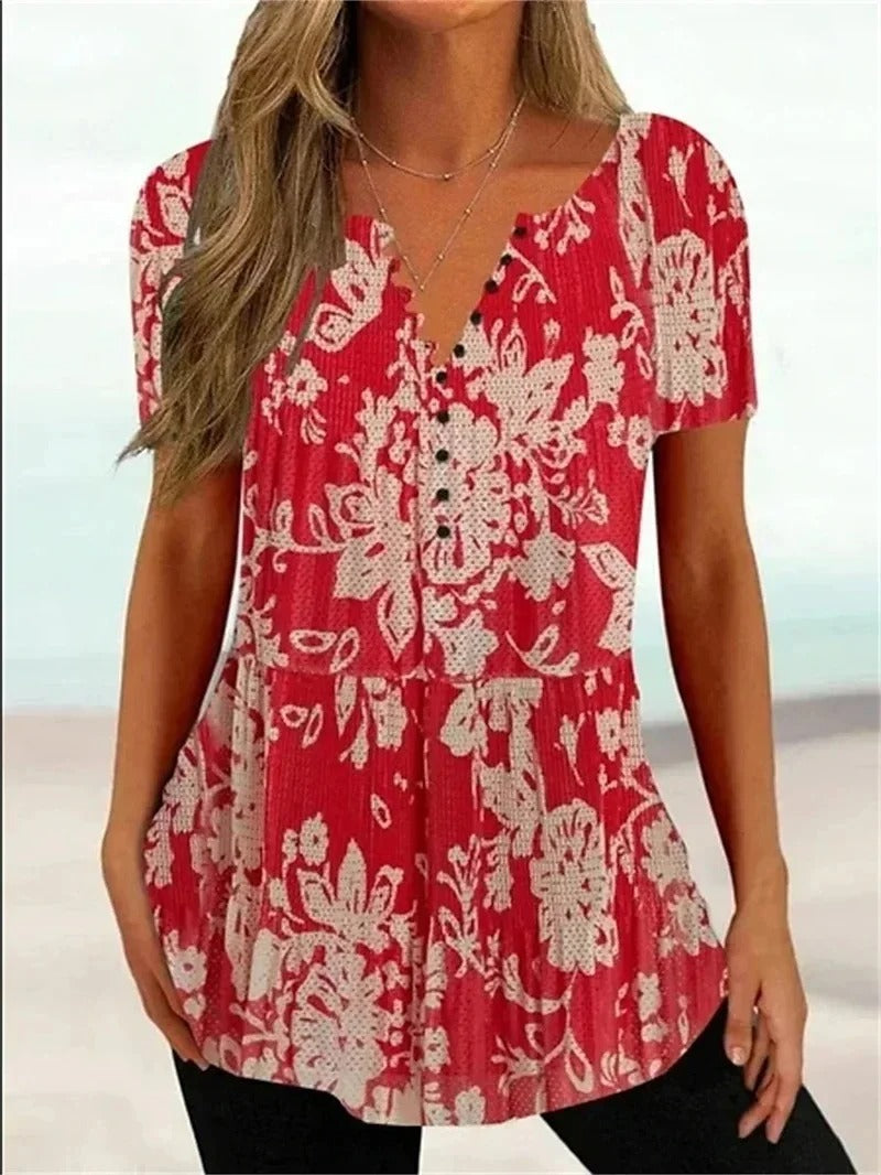 LP | Printed short-sleeved top with v-neck and button placket