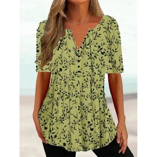 LP | Printed short-sleeved top with v-neck and button placket