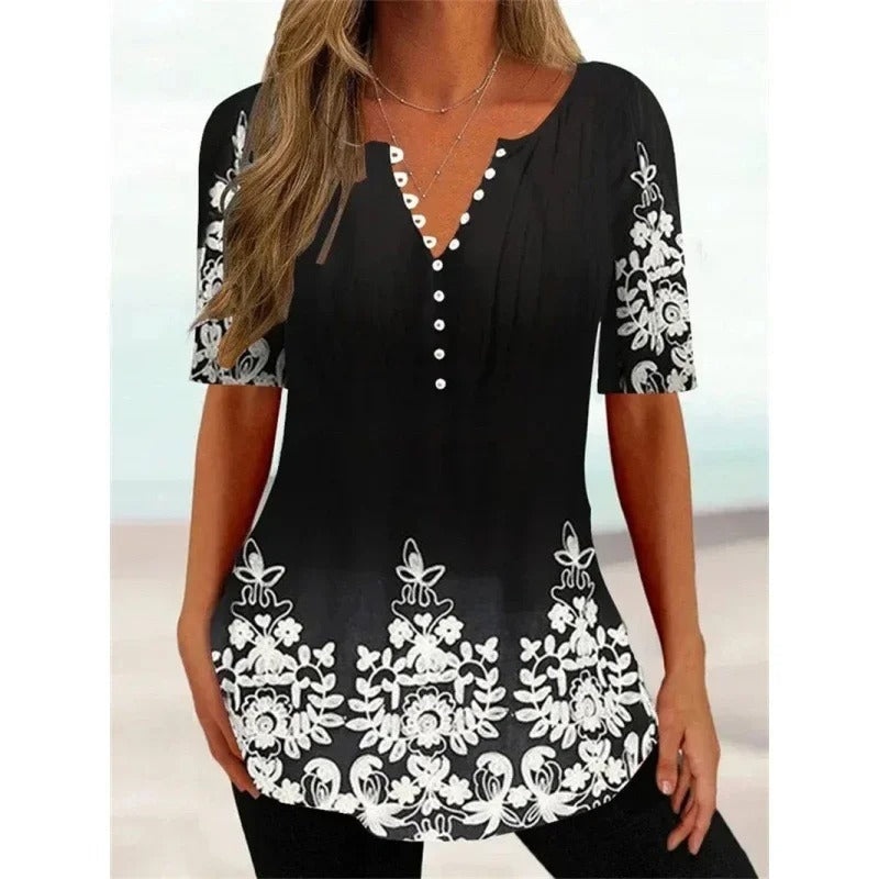 LP | Printed short-sleeved top with v-neck and button placket