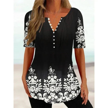 LP | Printed short-sleeved top with v-neck and button placket