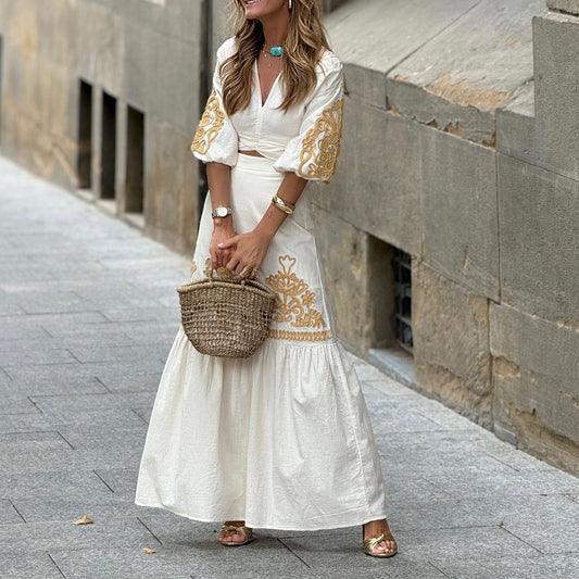 LP | Unique two-piece maxi dress with ivory embroidery on the neckline