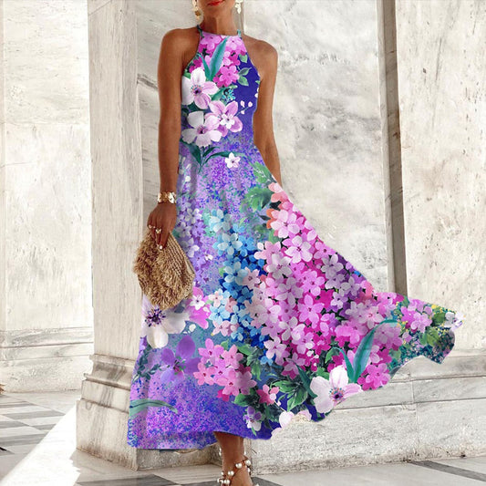 LP | Purple sleeveless maxi dress with floral print.