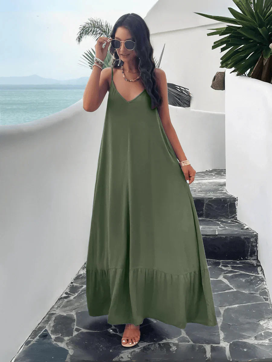 V-neck Loose Waist Sleeveless Dress Plain