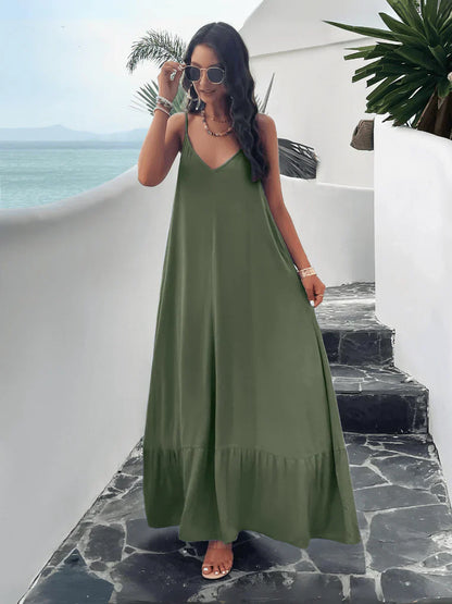 V-neck Loose Waist Sleeveless Dress Plain