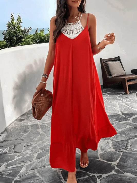 V-neck Loose Waist Sleeveless Dress Plain
