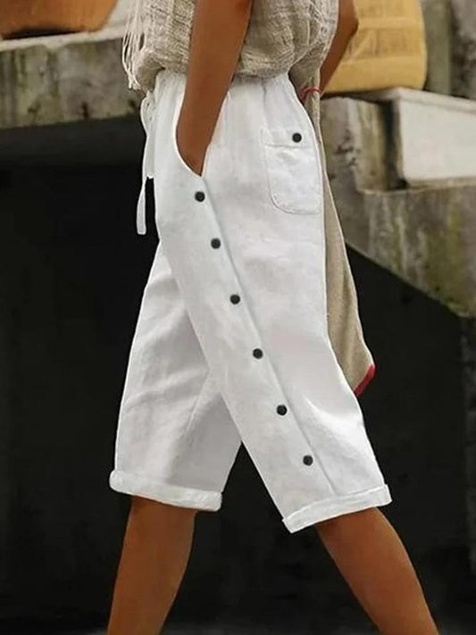 Casual plain capris Elastic waist buckle pants